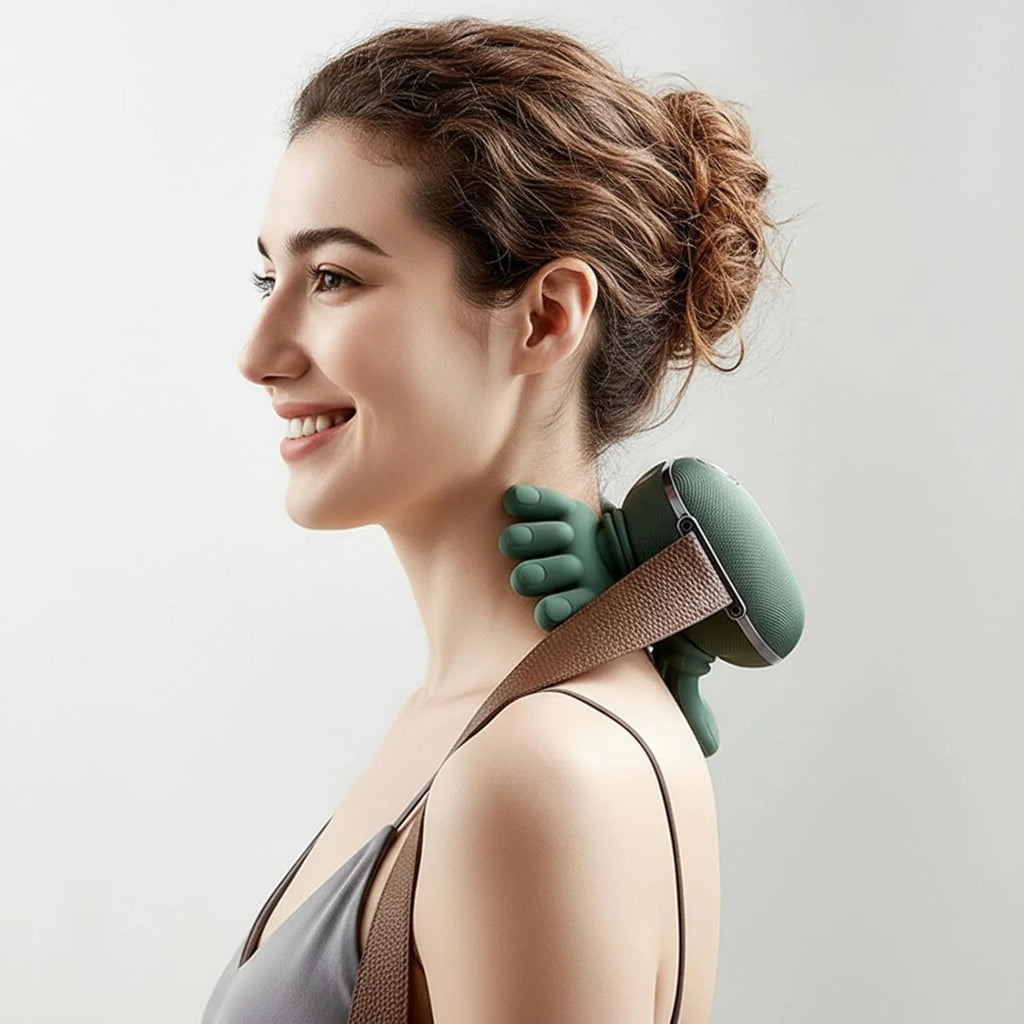 Portable Heated Shiatsu Neck & Back Massager Bionic Hand Fingers 4D Deep Tissue (Green)