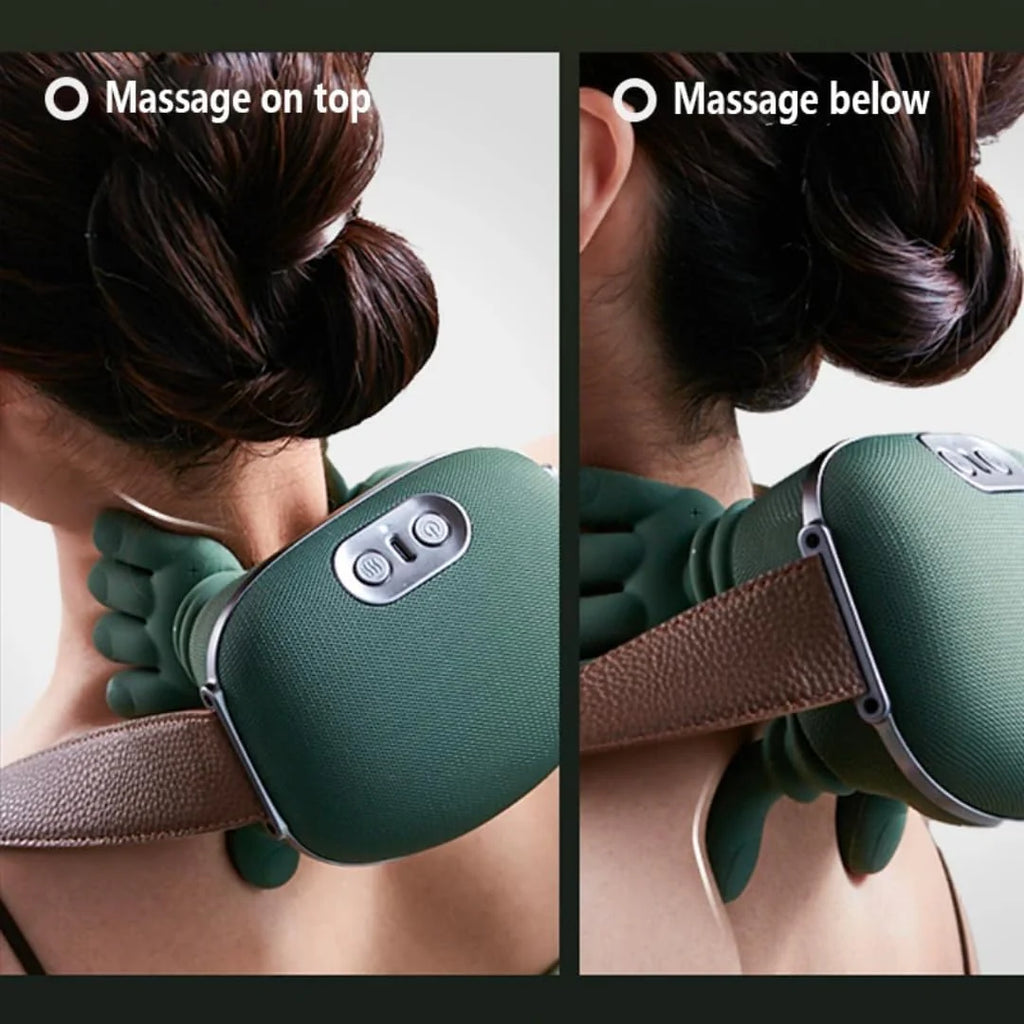 Portable Heated Shiatsu Neck & Back Massager Bionic Hand Fingers 4D Deep Tissue (Green)